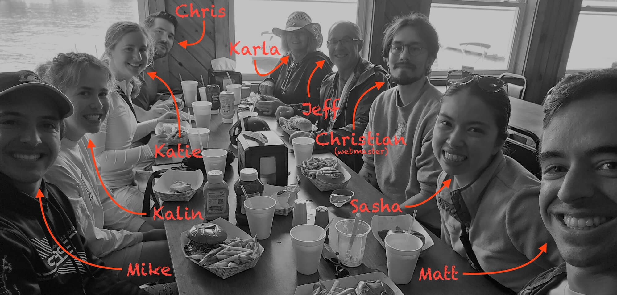 Jeff's family posing for a selfie while eating burgers. From left to right, back to front: Chris, Karla, Katie, Jeff, Kalin, Christian, Mike, Sasha, and Matt